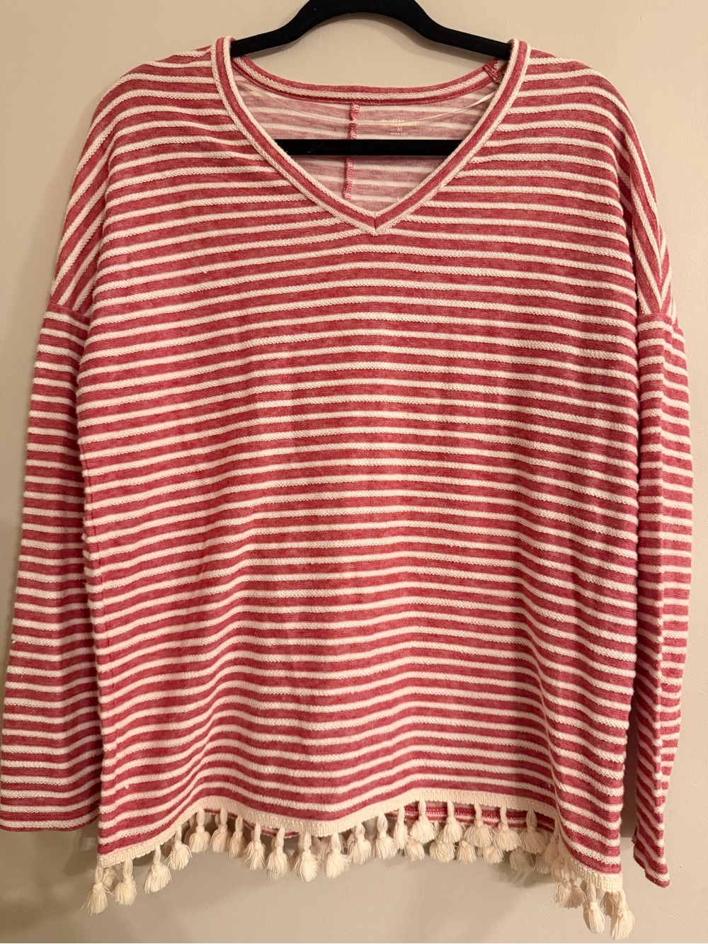 Ruff Hewn Pink & White Striped V-Neck Tassel Hem Sweatshirt